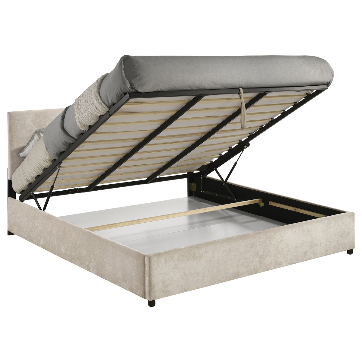 Reeves Upholstered Eastern King Lift-Top Storage Platform Bed Beige