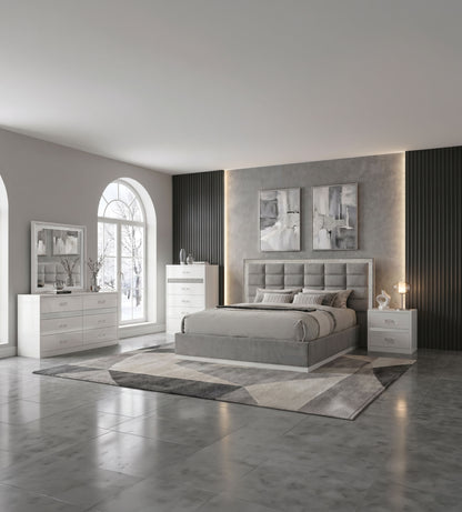 Viana Queen Chenille Platform Bed Grey and White High Gloss