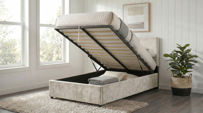 Reeves Upholstered Twin Lift-Top Storage Platform Bed Beige