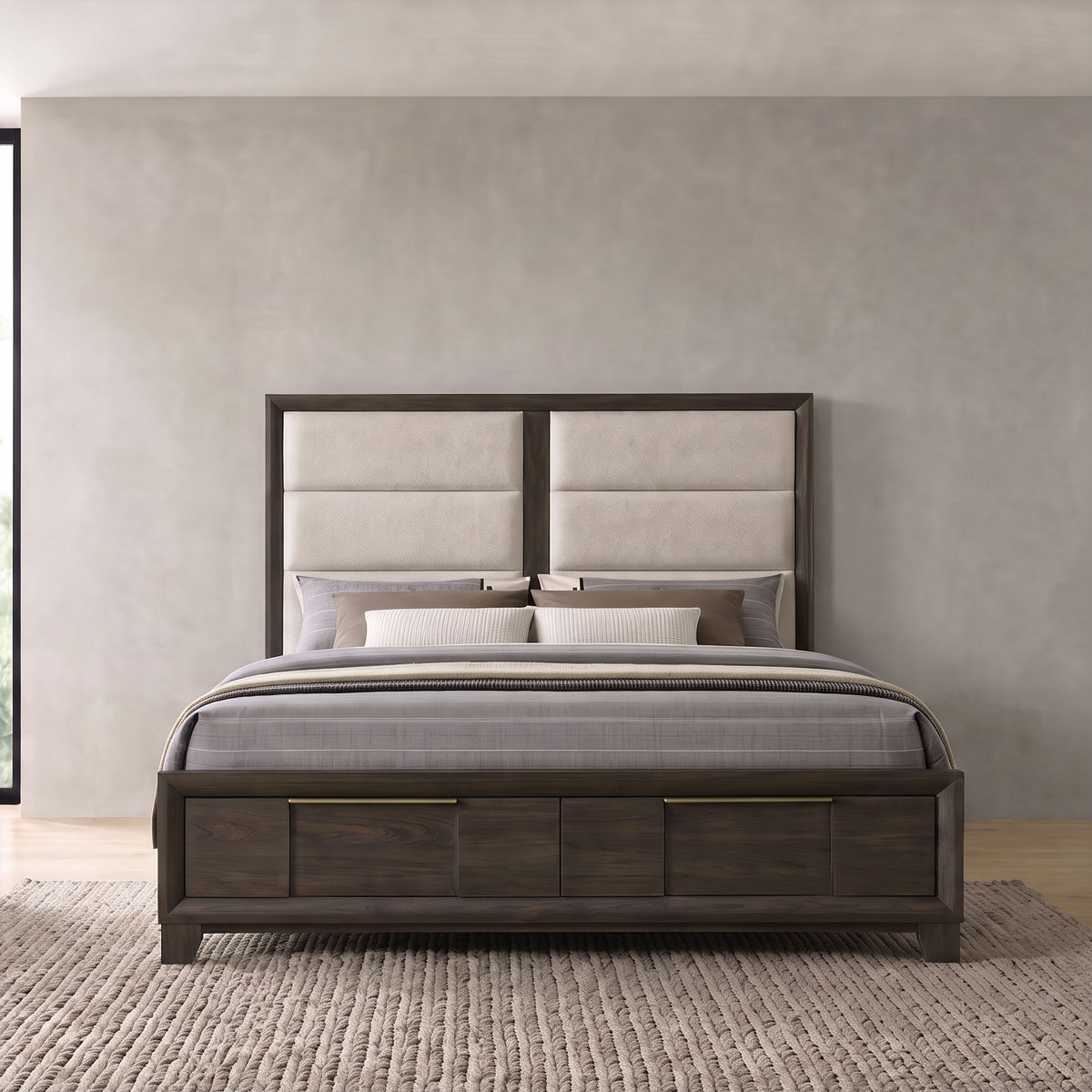 Farre Eastern King Upholstered Storage Platform Bed Dark Brown