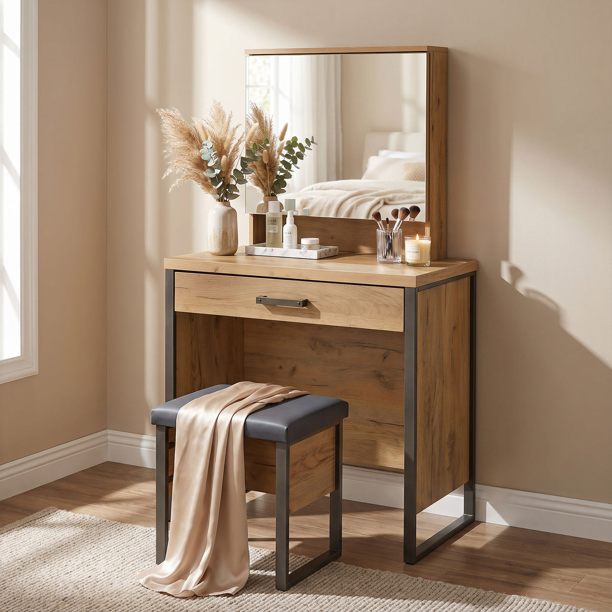 Bettin Vanity Set with Sliding Mirror and Stool Golden Oak