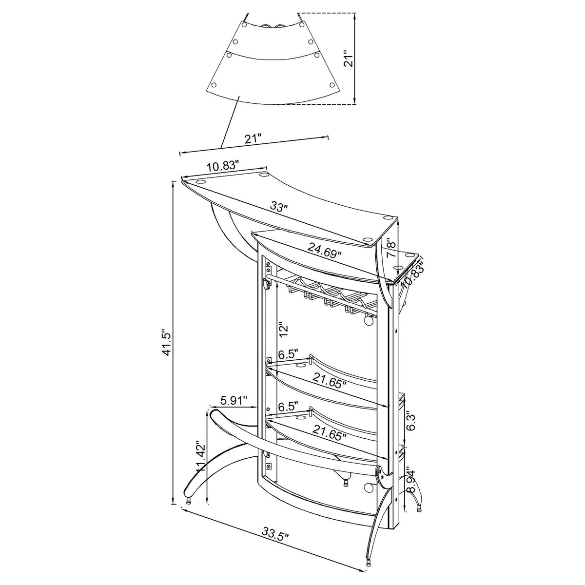 Dallas Curved Freestanding Home Bar Cabinet with Storage Black