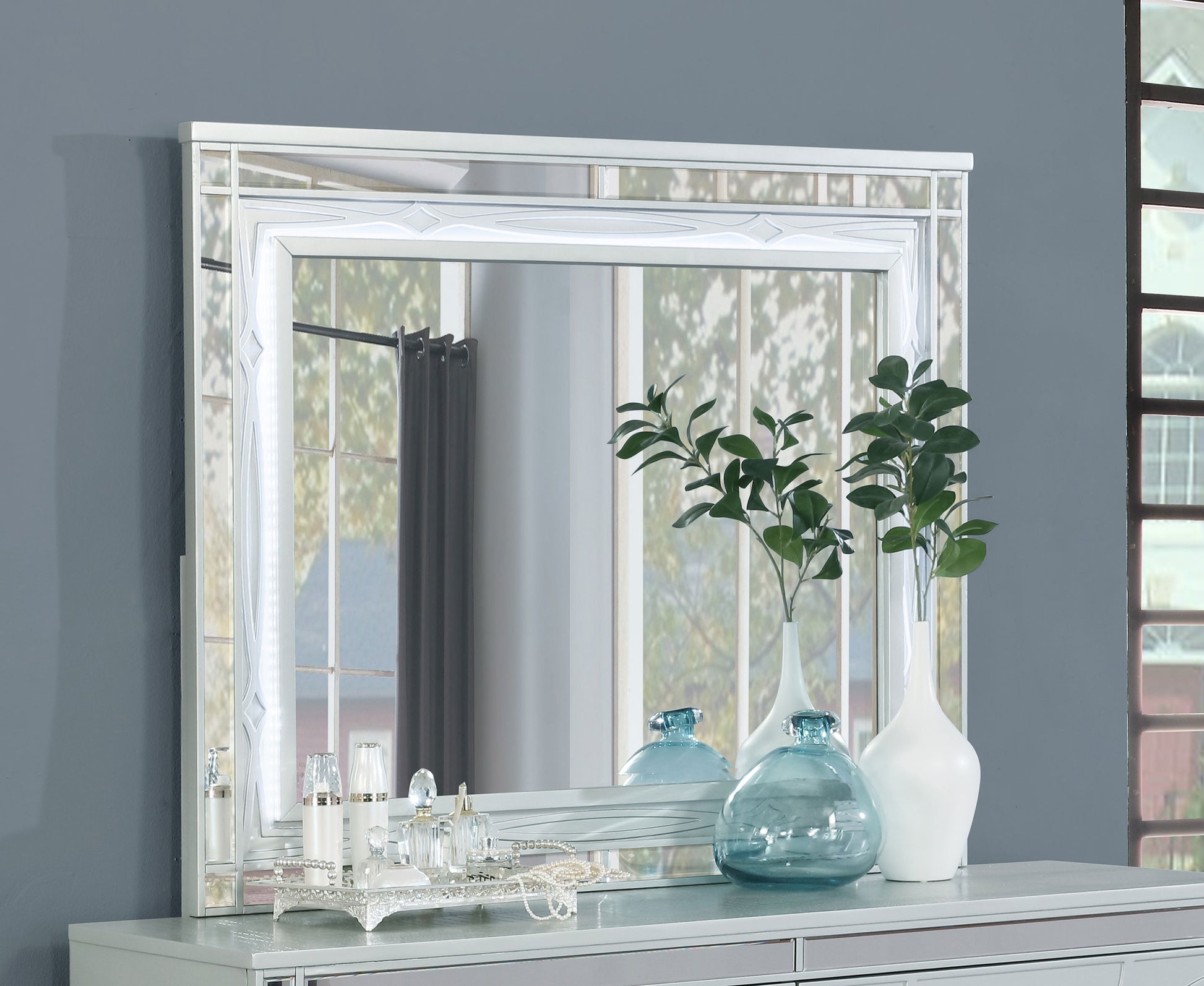 silver dresser mirror Rosdorf Park Silver LED Upholstered Queen Bedroom Set