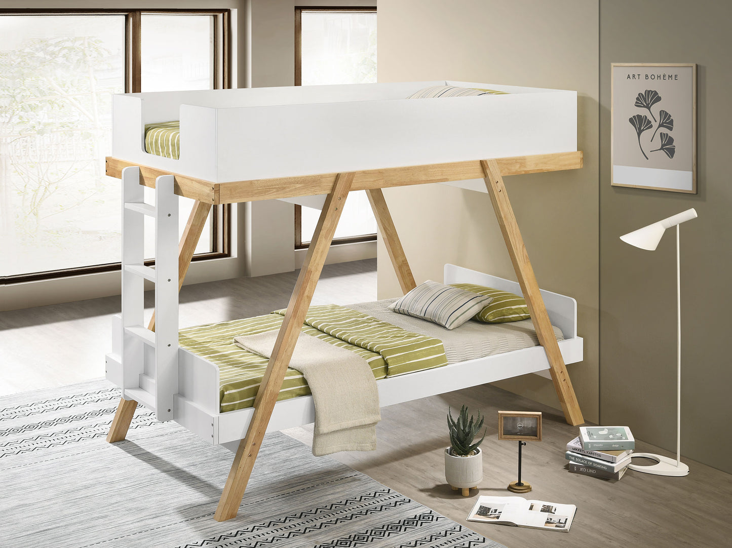 Frankie Wood Twin Over Twin Bunk Bed White and Natural